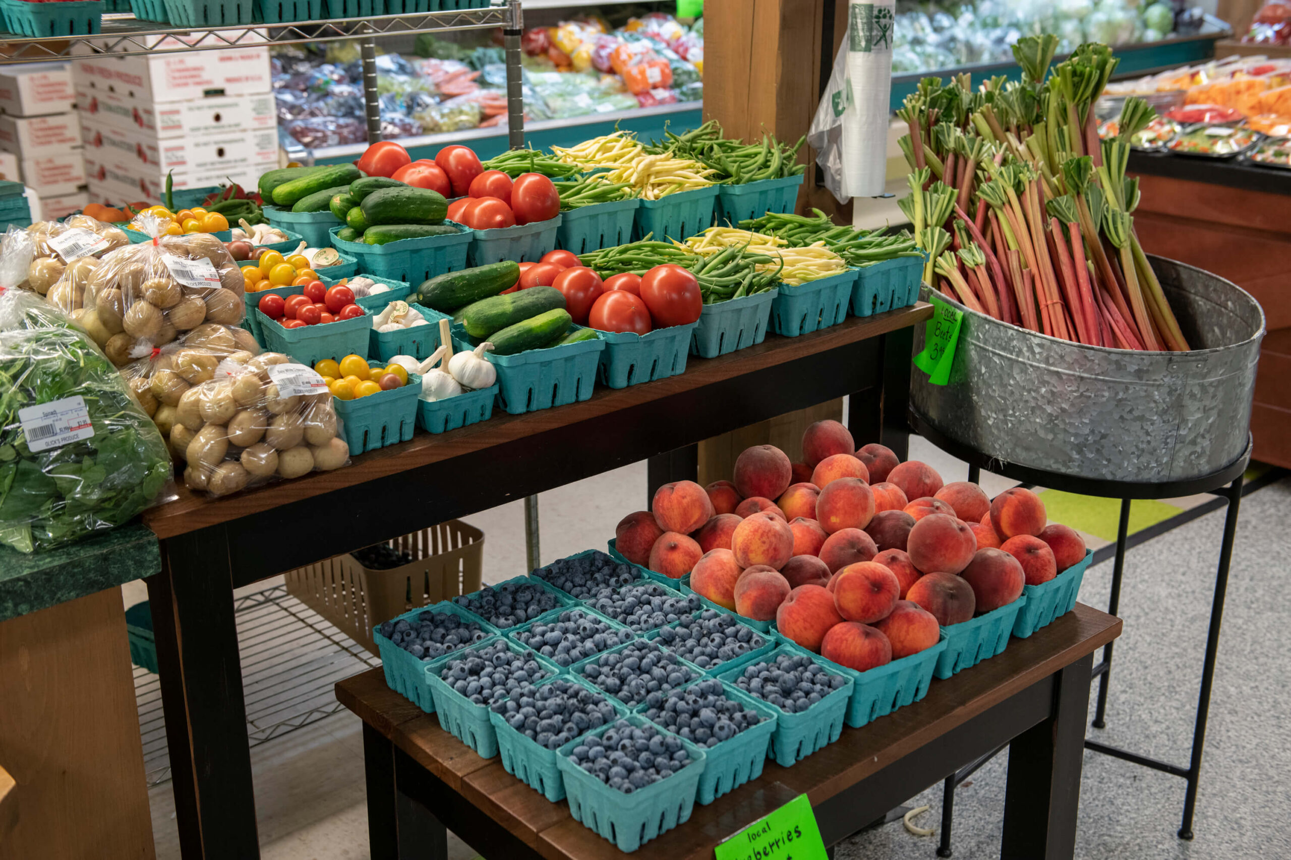 display of fresh fruits and vegetables at an amish farmers market