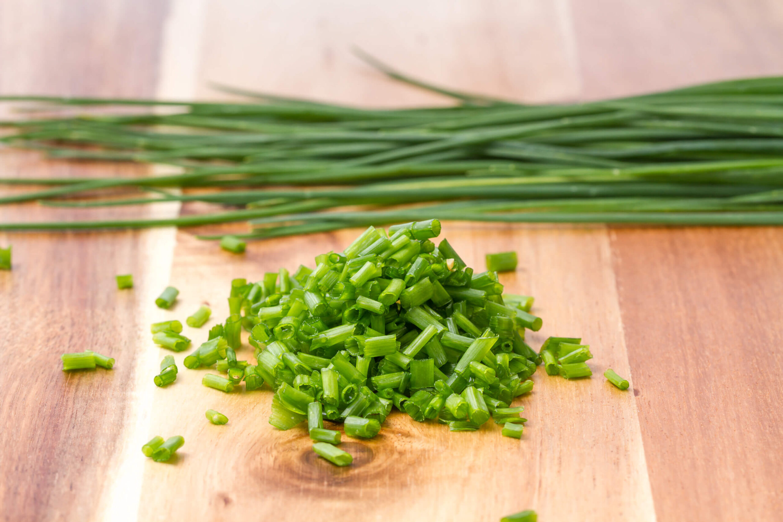 close up of chopped fresh chives in the foreground and full chives in the background 