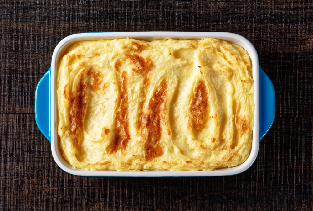 A top down shot of Pennsylvania Dutch potato filling in a dish.