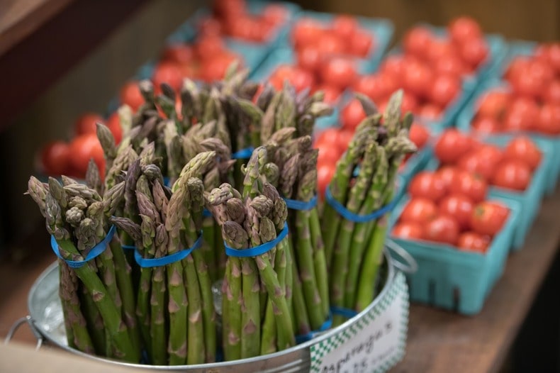 Asparagus and tomatoes for sale